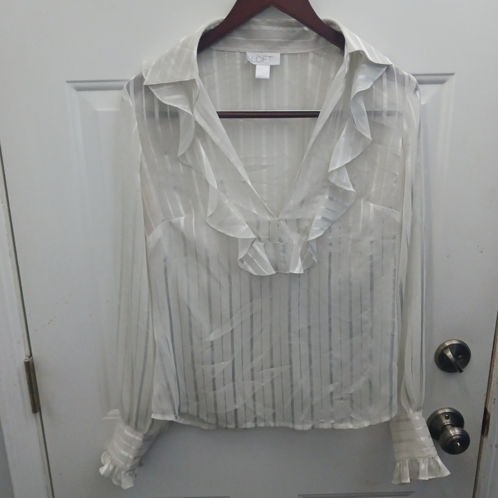 LOFT White Sheer Ruffle-Trim Long Sleeve Blouse